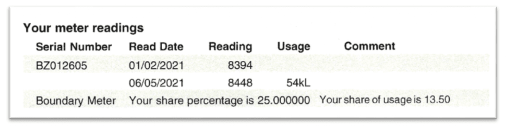 Shared water meter, water is billed based on contribution schedule lot entitlements